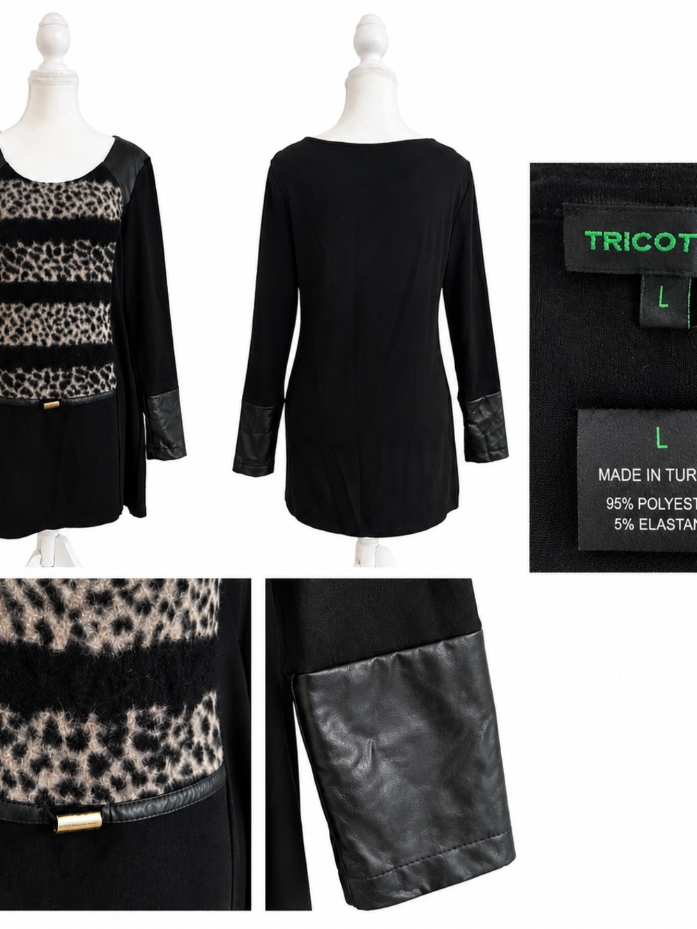 Tricot Chic Black Tunic with Leopard Stripe Panel